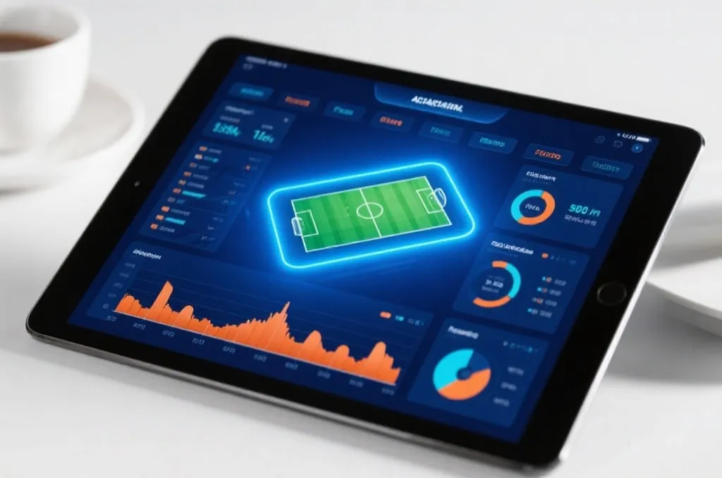A modern sports data analytics dashboard on a tablet screen, showing glowing blue and orange graphs, soccer field graphic, performance metrics, clean aesthetic